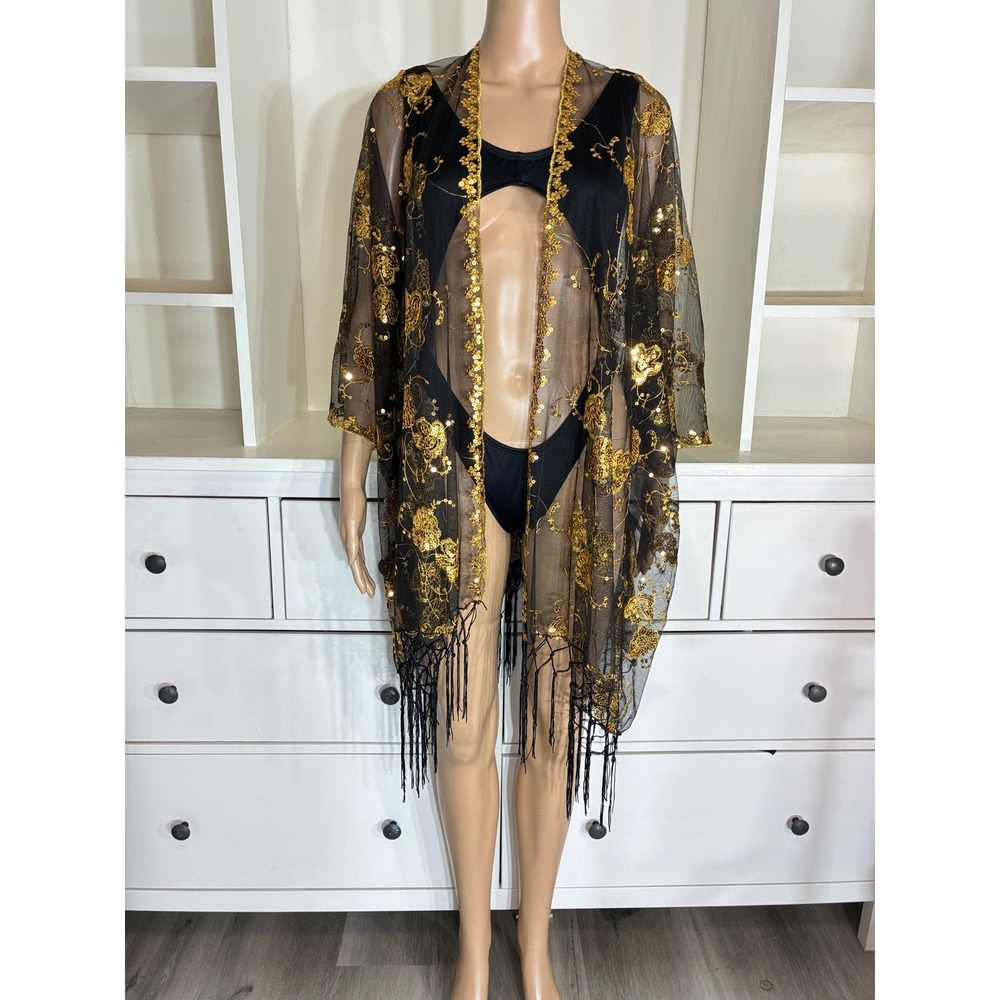 Kimono Wrap Women One Size Black Gold Sequin Floral Mesh Fringe Boho